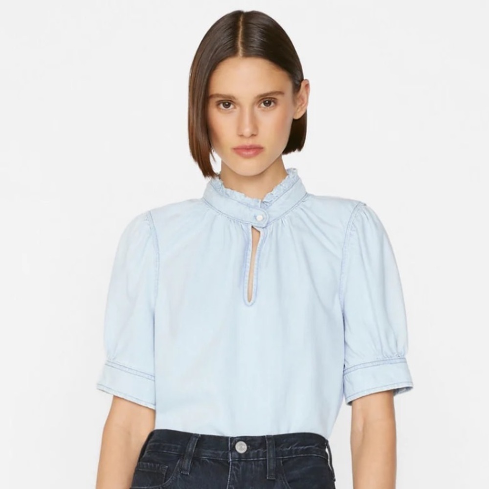 Frame Denim Frame Deep V Ruffle Collar Top Size L